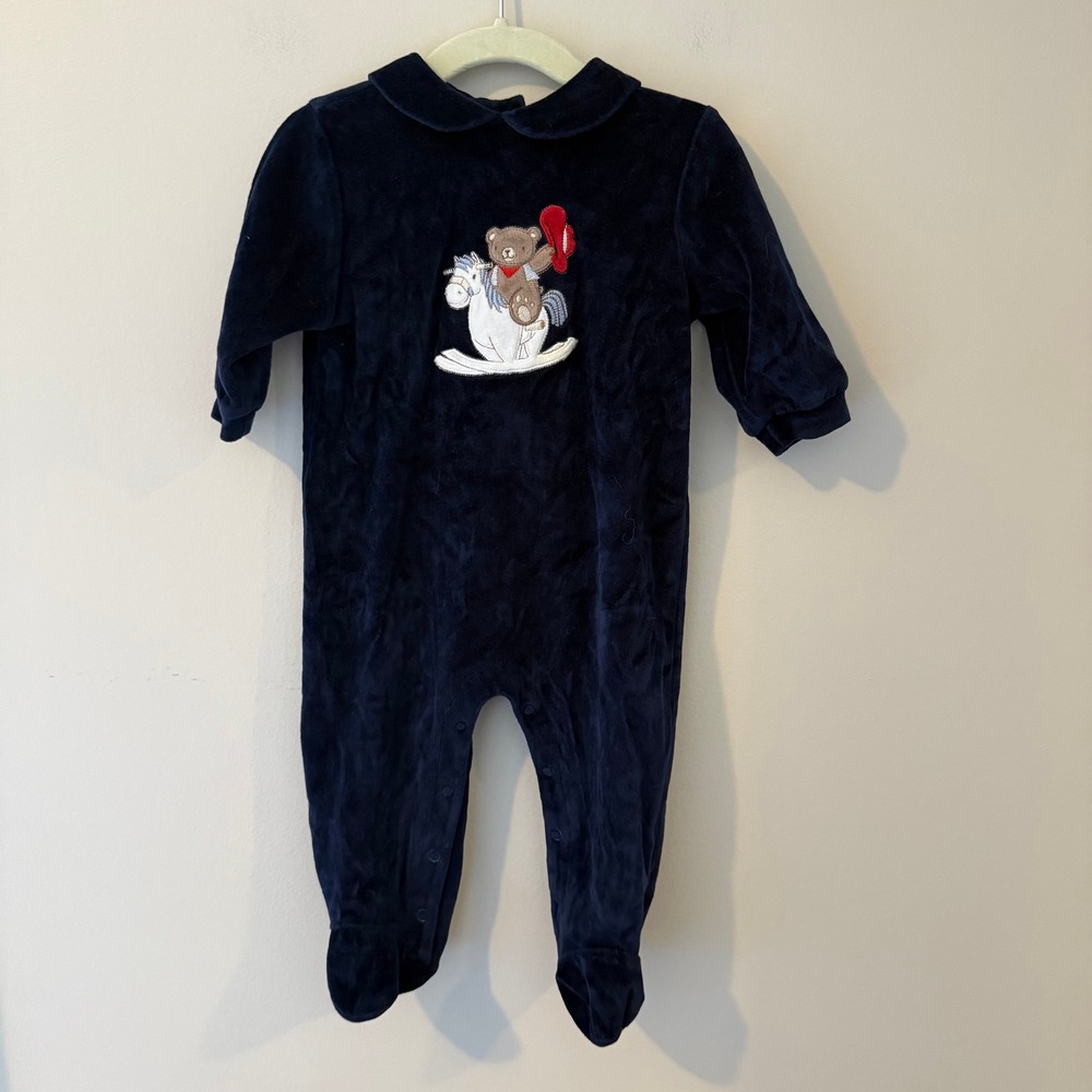 Samara Navy Blue Velour Teddy Bear Rocking Horse Footed Sleeper 6-9 Months